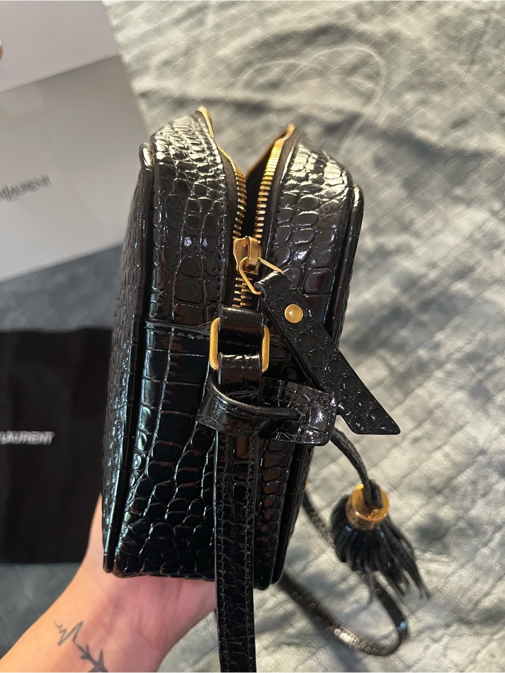 Saint Laurent Black Croc-Embossed Leather Camera Bag with Gold YSL Hardware - Picture 9 of 9